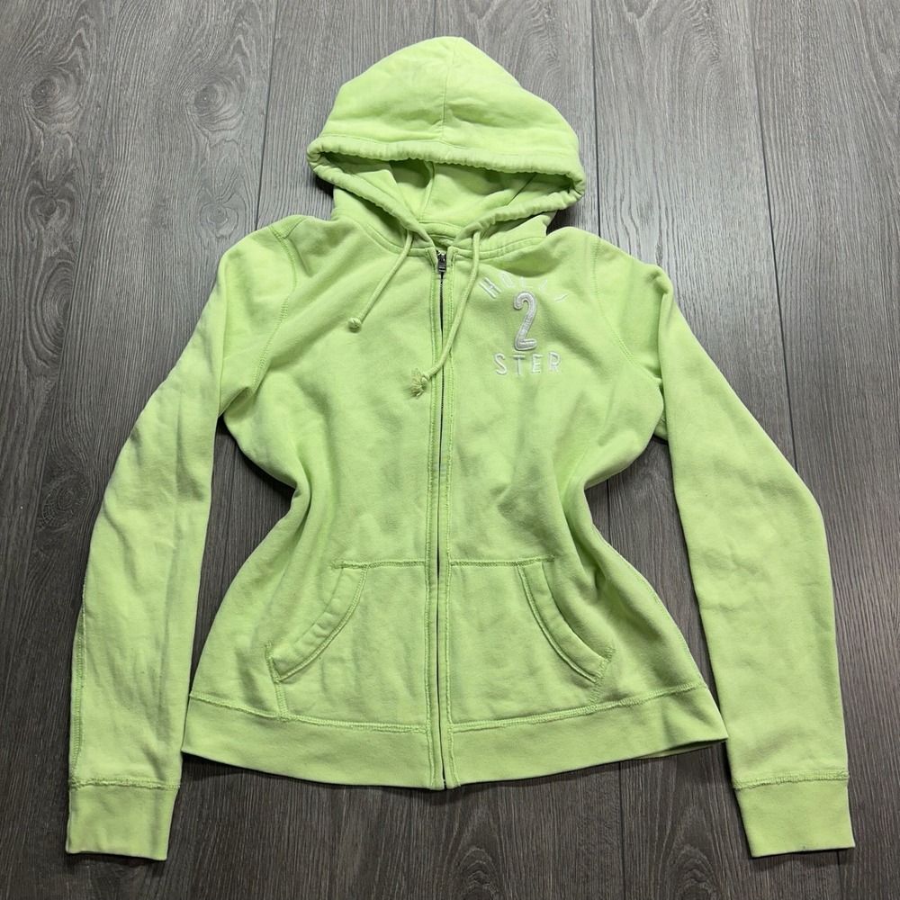 Hollister California Womens Lime Green Full Zip Hoodie Y2K Fleece Sweatshirt L